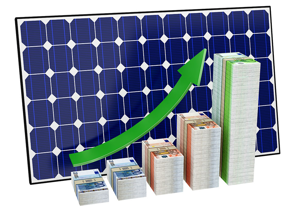 arrow point up on stacks of money with solar panel in background