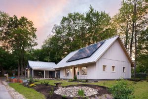 Rooftop solar PV system atop a-frame farmhouse in CO