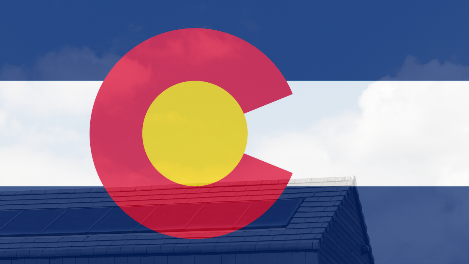 Colorado flag overlaid on house with solar panels