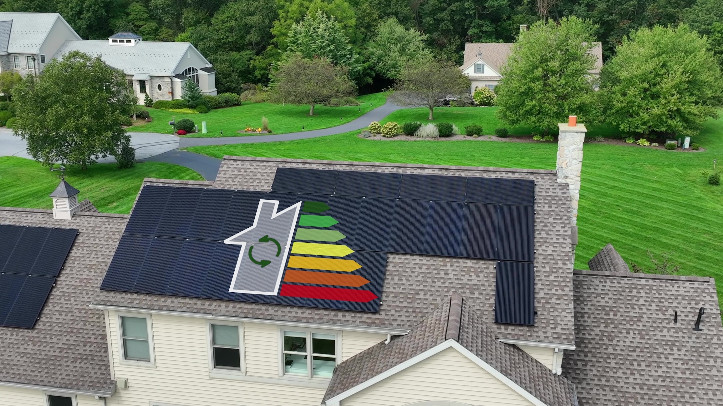 House with solar panels and energy rating graphic on roof