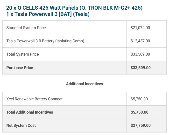 Xcel Energy Renewable Battery Connect for Powerwall 3 Cost Breakdown Example